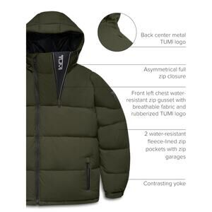 Mens L TUMI Asymmetrical Zip Premium Down Fill Puffer Hooded Jacket Olive $795